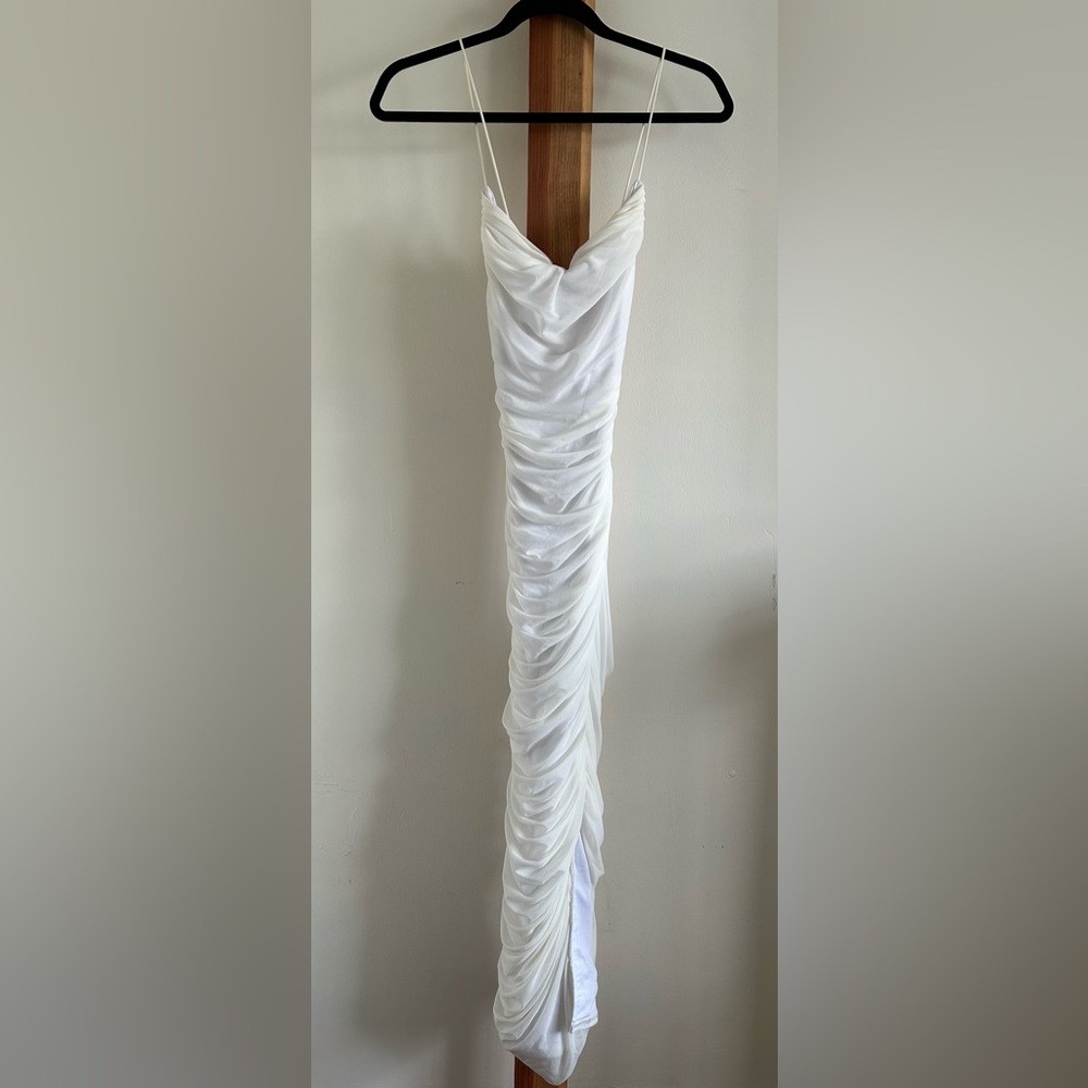 Stitch + Feather Ruched in White Maxi Dress Large NWT